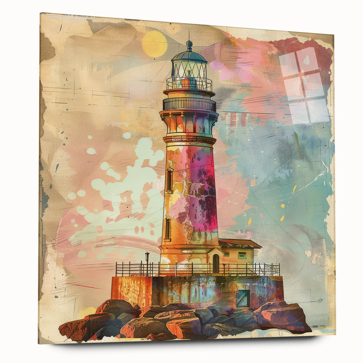 Acrylic wall art design featuring a serene lighthouse landscape, showcasing vibrant colors and detailed textures, ideal for coastal-themed decor.