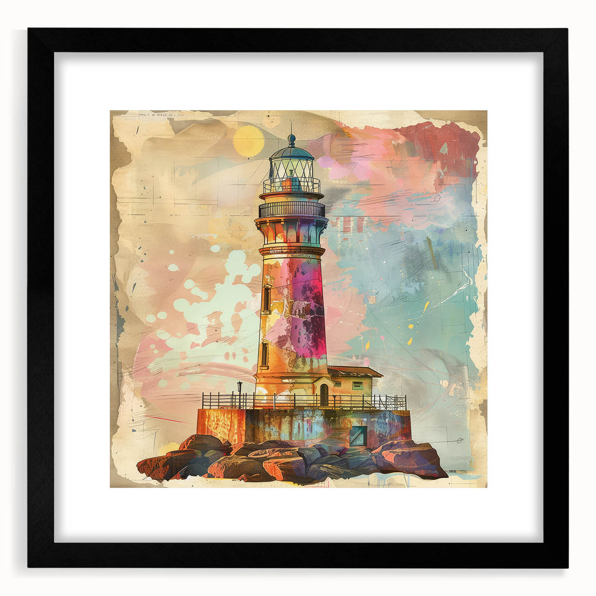 Framed lighthouse wall art design featuring a serene coastal landscape, with a black mat and frame, ideal for home decor or beach-themed interiors.