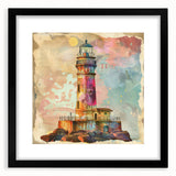 Framed lighthouse wall art design featuring a serene coastal landscape, with a black mat and frame, ideal for home decor or beach-themed interiors.