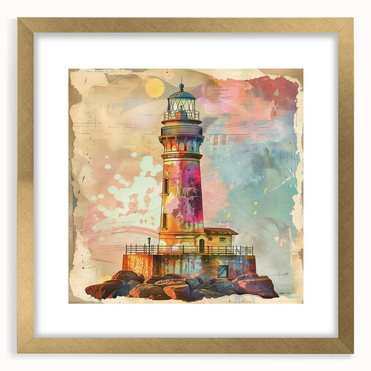 Elegant lighthouse wall art framed in gold with a mat, showcasing serene coastal scenery. Perfect for adding a nautical touch to home decor.