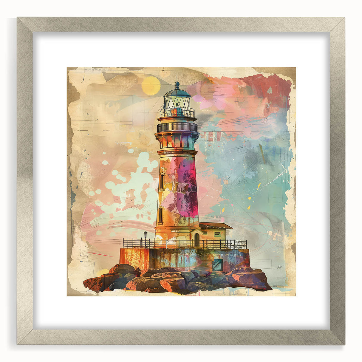 Framed silver wall art featuring a coastal lighthouse design, complete with a mat border, ideal for enhancing living spaces with a serene nautical theme.