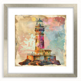 Framed silver wall art featuring a coastal lighthouse design, complete with a mat border, ideal for enhancing living spaces with a serene nautical theme.