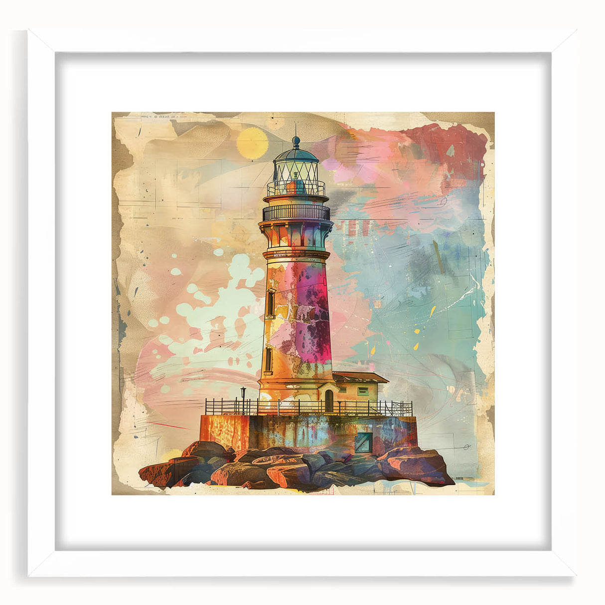Framed wall art depicting a serene lighthouse landscape, featuring a white mat and sleek design, perfect for coastal-themed home decor. Ideal for enhancing living spaces with a touch of tranquility.