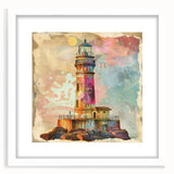 Framed wall art depicting a serene lighthouse landscape, featuring a white mat and sleek design, perfect for coastal-themed home decor. Ideal for enhancing living spaces with a touch of tranquility.