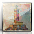 Framed acrylic wall art featuring a serene lighthouse landscape, showcasing vibrant colors and intricate details, set against a black frame for an elegant presentation. Perfect for coastal-themed decor.
