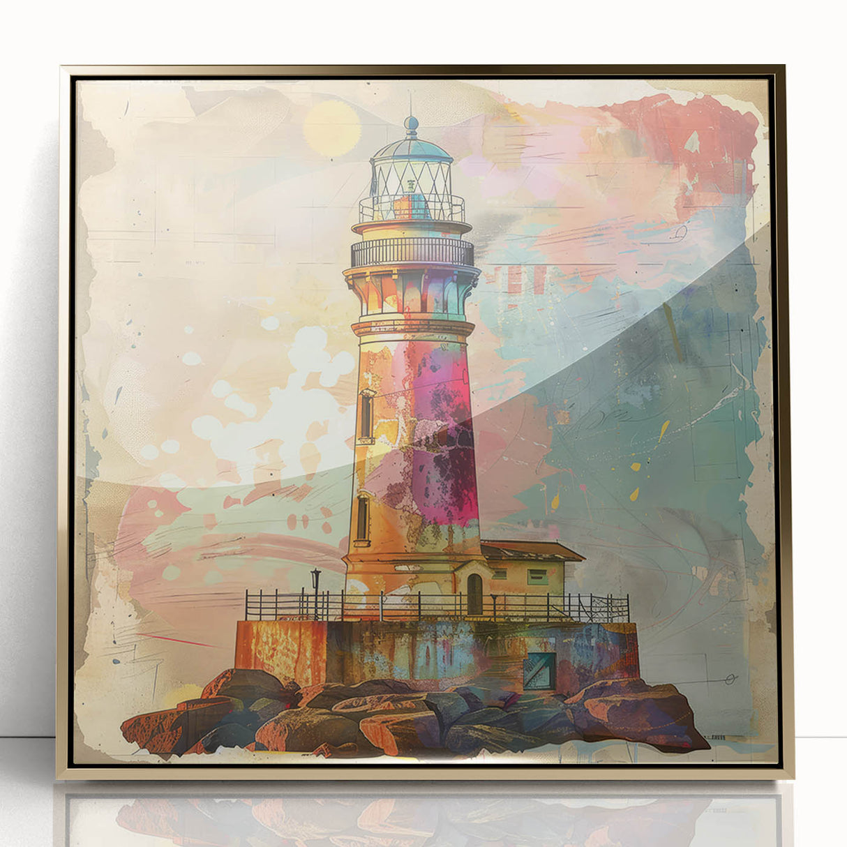 Framed lighthouse wall art in acrylic with a gold trim, showcasing a vibrant coastal landscape. Perfect for enhancing home decor with a nautical theme.