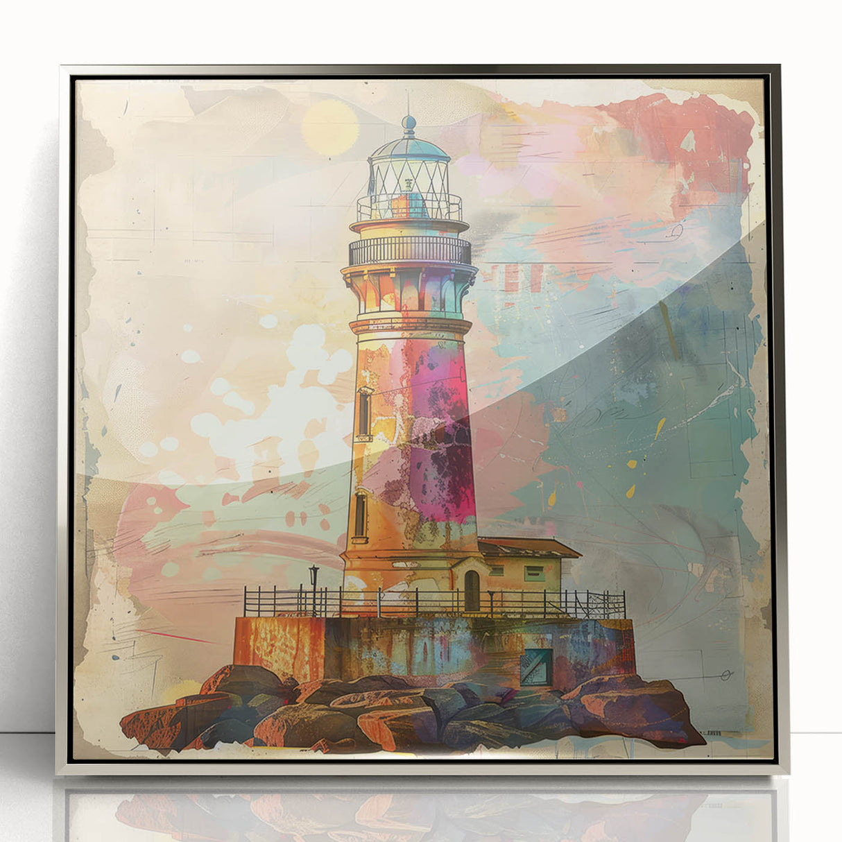 Framed acrylic wall art showcasing a serene lighthouse landscape, featuring vibrant colors and a sleek silver frame, perfect for coastal-themed decor.