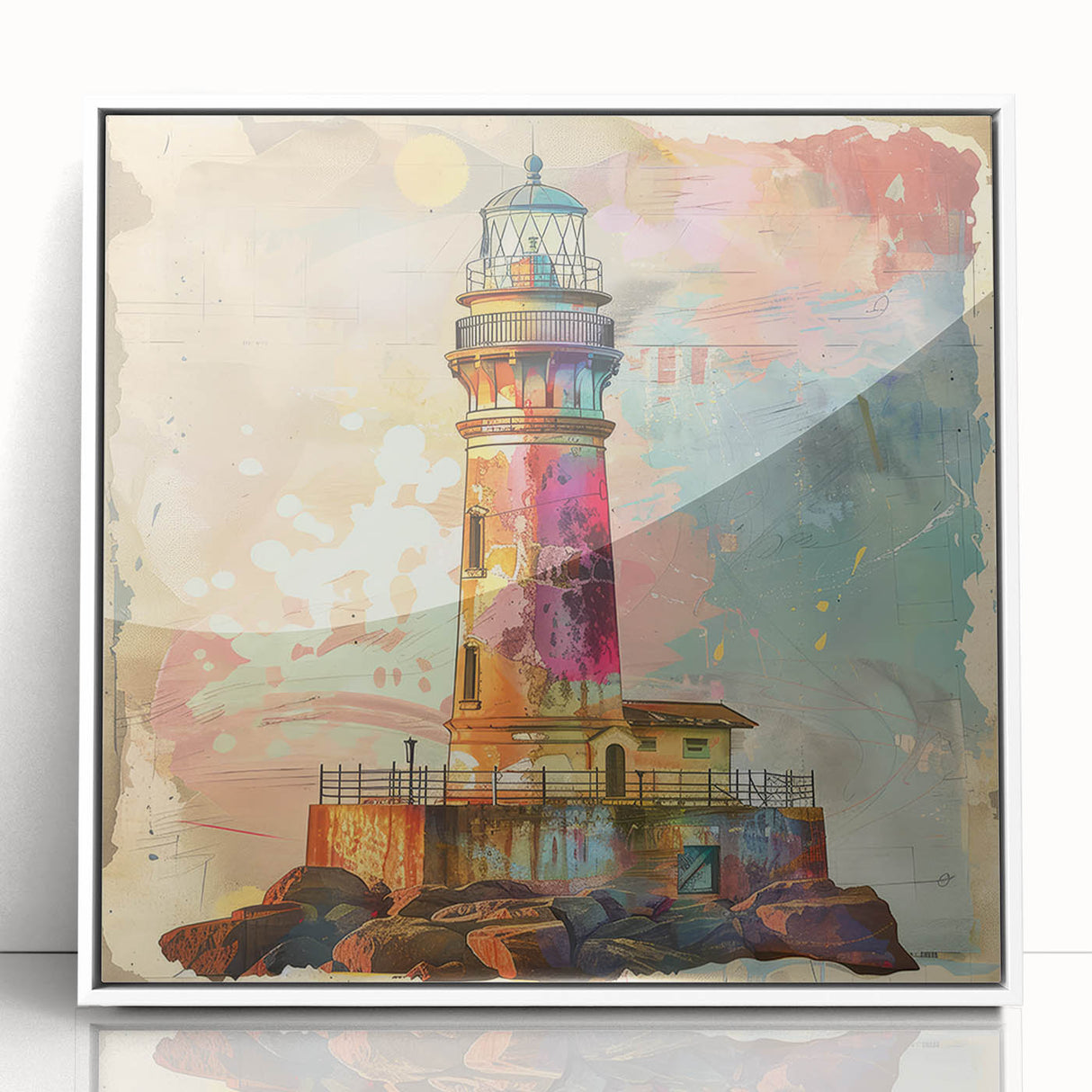 Framed acrylic wall art showcasing a serene lighthouse landscape design in a white frame, ideal for coastal-themed decor, enhancing any living space with tranquility.