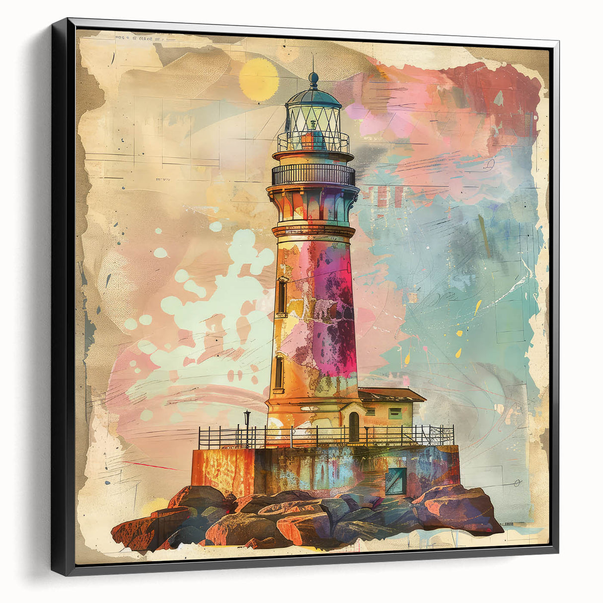 Framed canvas wall art showcasing a serene lighthouse landscape in black, displayed from the side, perfect for coastal-themed decor and home interiors.