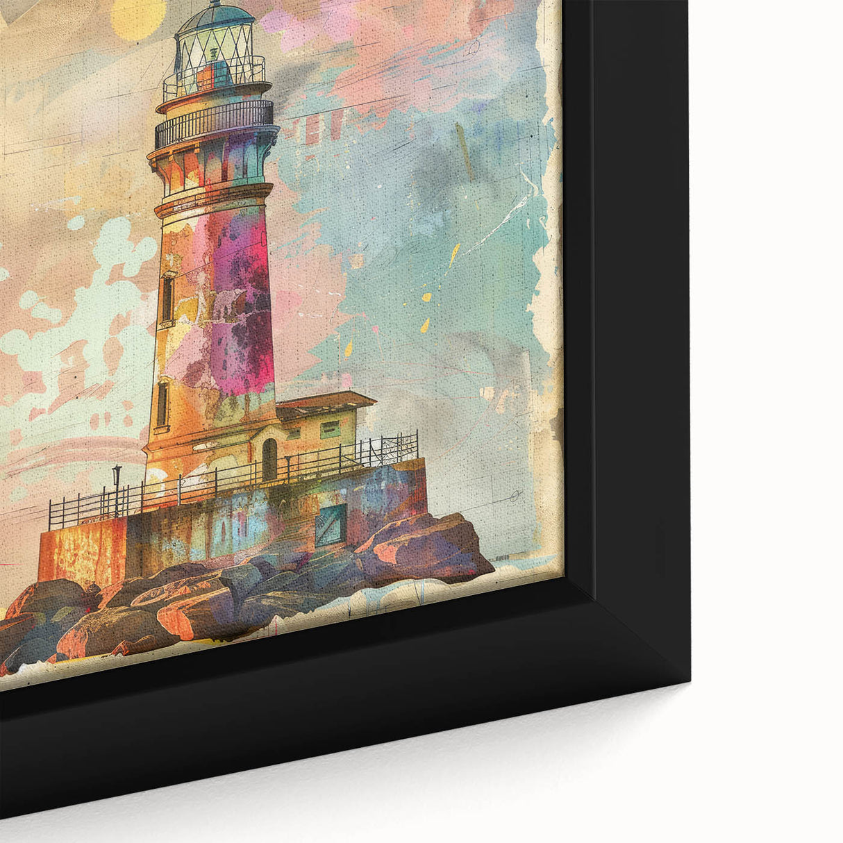Close-up of a framed canvas wall art featuring a serene lighthouse landscape design, showcasing vibrant colors and intricate details, perfect for coastal decor.