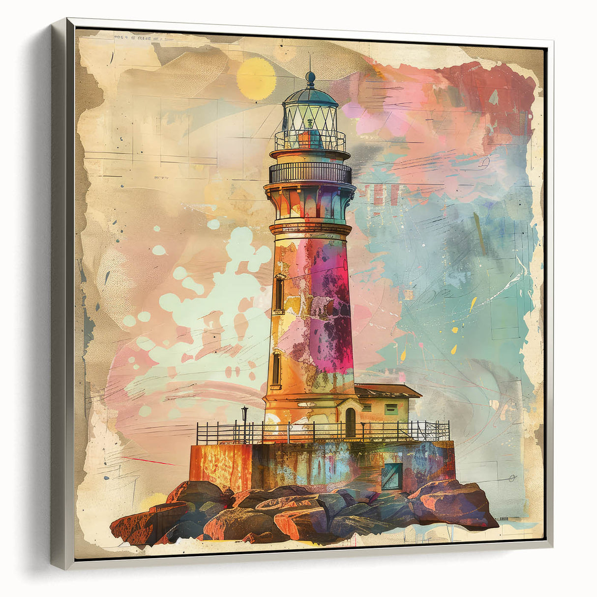 Framed canvas wall art showcasing a serene lighthouse landscape in silver tones, perfect for nautical-themed decor, enhancing any living space with coastal charm.