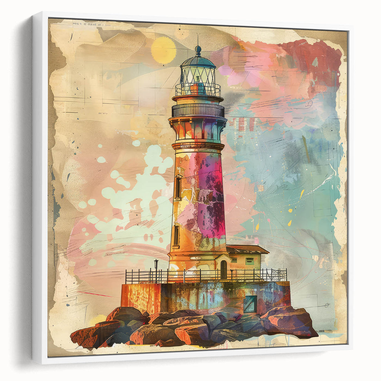 Framed canvas wall art depicting a serene lighthouse landscape with soft blue skies and vibrant green foliage, perfect for coastal-themed decor.
