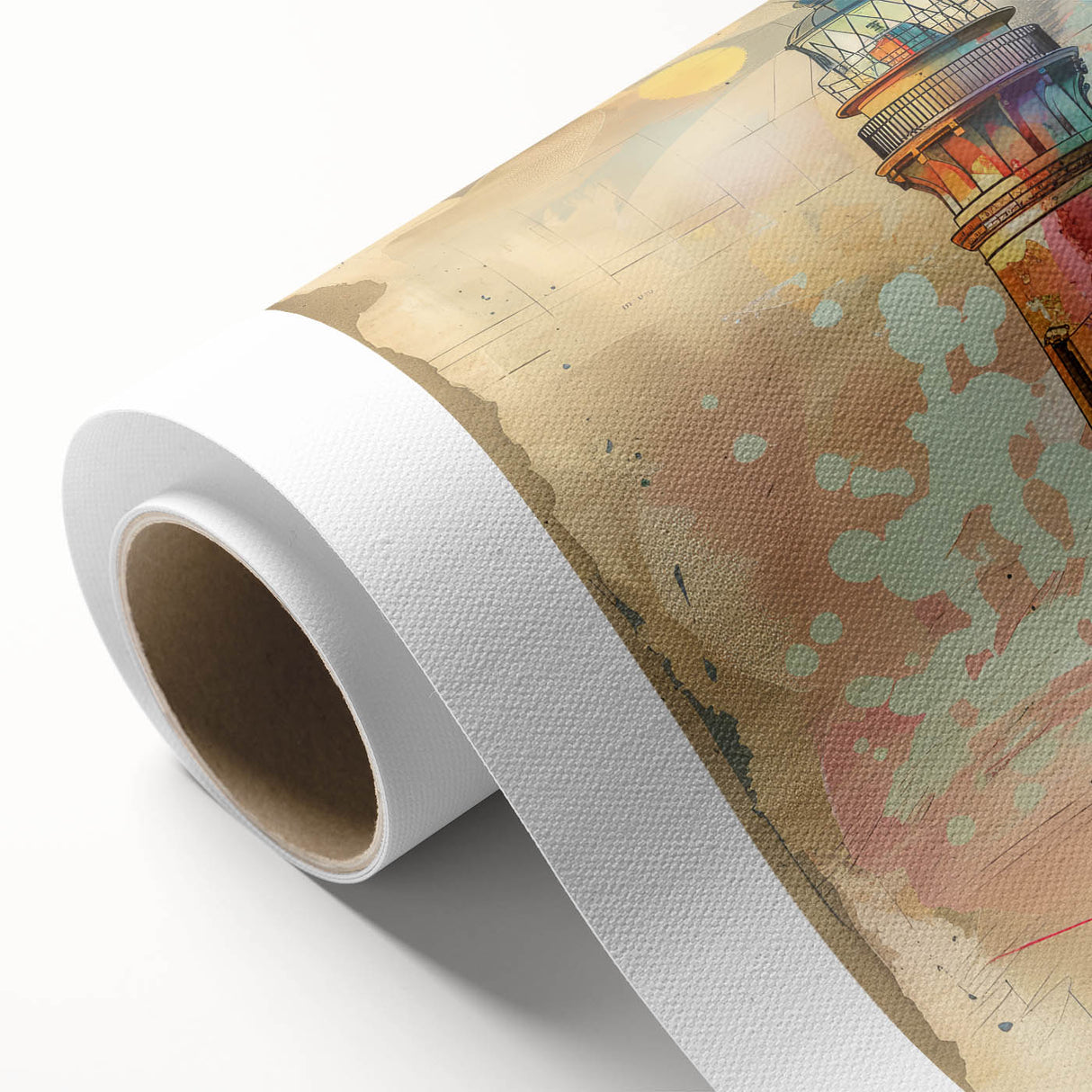 Rolled canvas featuring a serene lighthouse landscape design, showcasing vibrant colors of blue skies and ocean waves, ideal for coastal-themed decor.