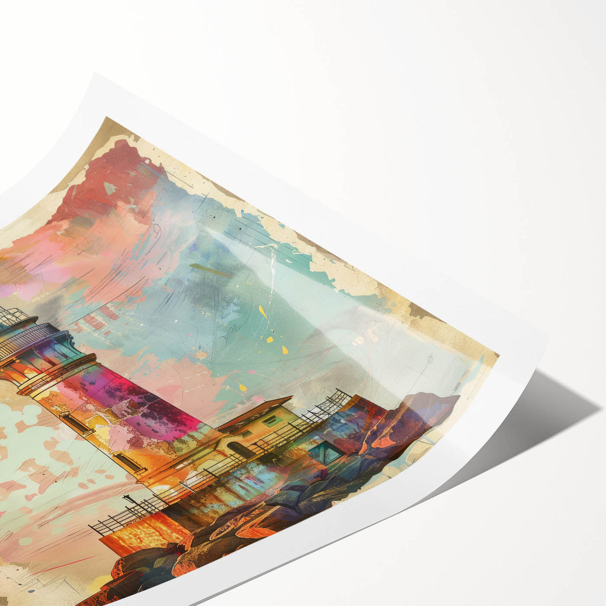 Lighthouse wall art rolled print showcasing a serene coastal scene with vibrant blues and soft whites, captured in a high-quality design for home decor.