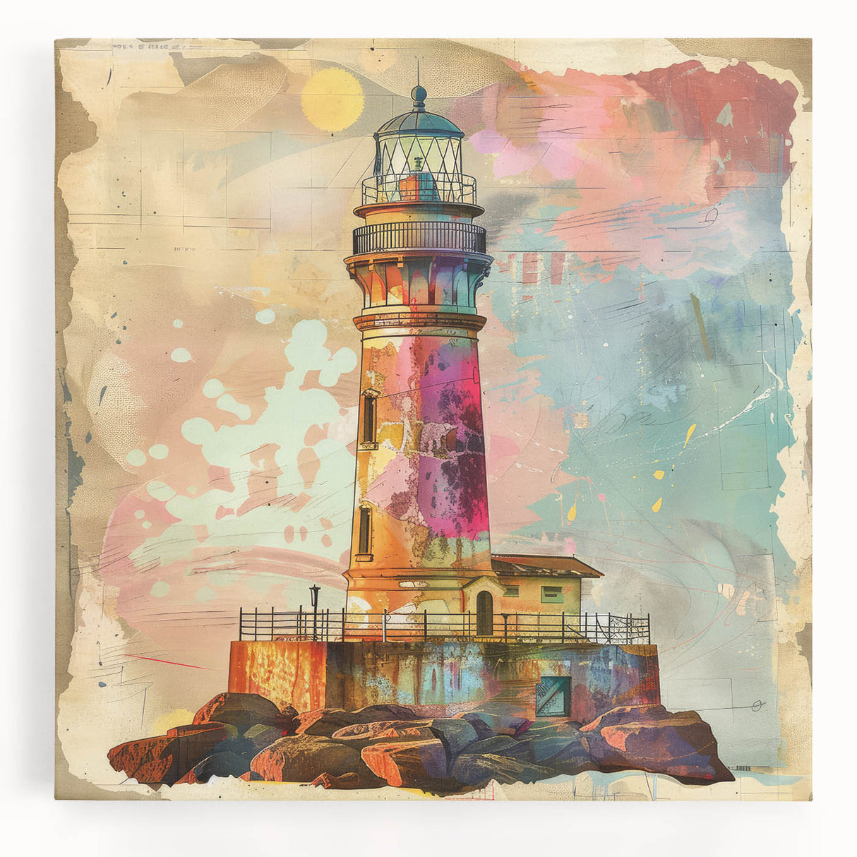 Stretched canvas wall art depicting a serene lighthouse landscape scene, showcasing a vibrant sunset with calming ocean waves and a clear sky, ideal for coastal decor.