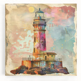 Stretched canvas wall art depicting a serene lighthouse landscape scene, showcasing a vibrant sunset with calming ocean waves and a clear sky, ideal for coastal decor.