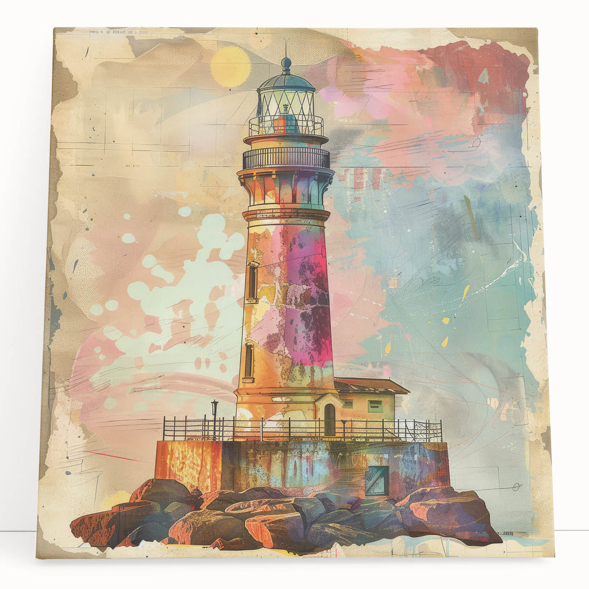 Stretched canvas wall art depicting a serene lighthouse scene with vibrant colors, perfect for coastal-themed decor, enhancing any living space with a calming atmosphere.