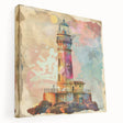 Stretched canvas wall art showcasing a serene lighthouse landscape scene with vibrant colors and intricate details, ideal for enhancing home decor.