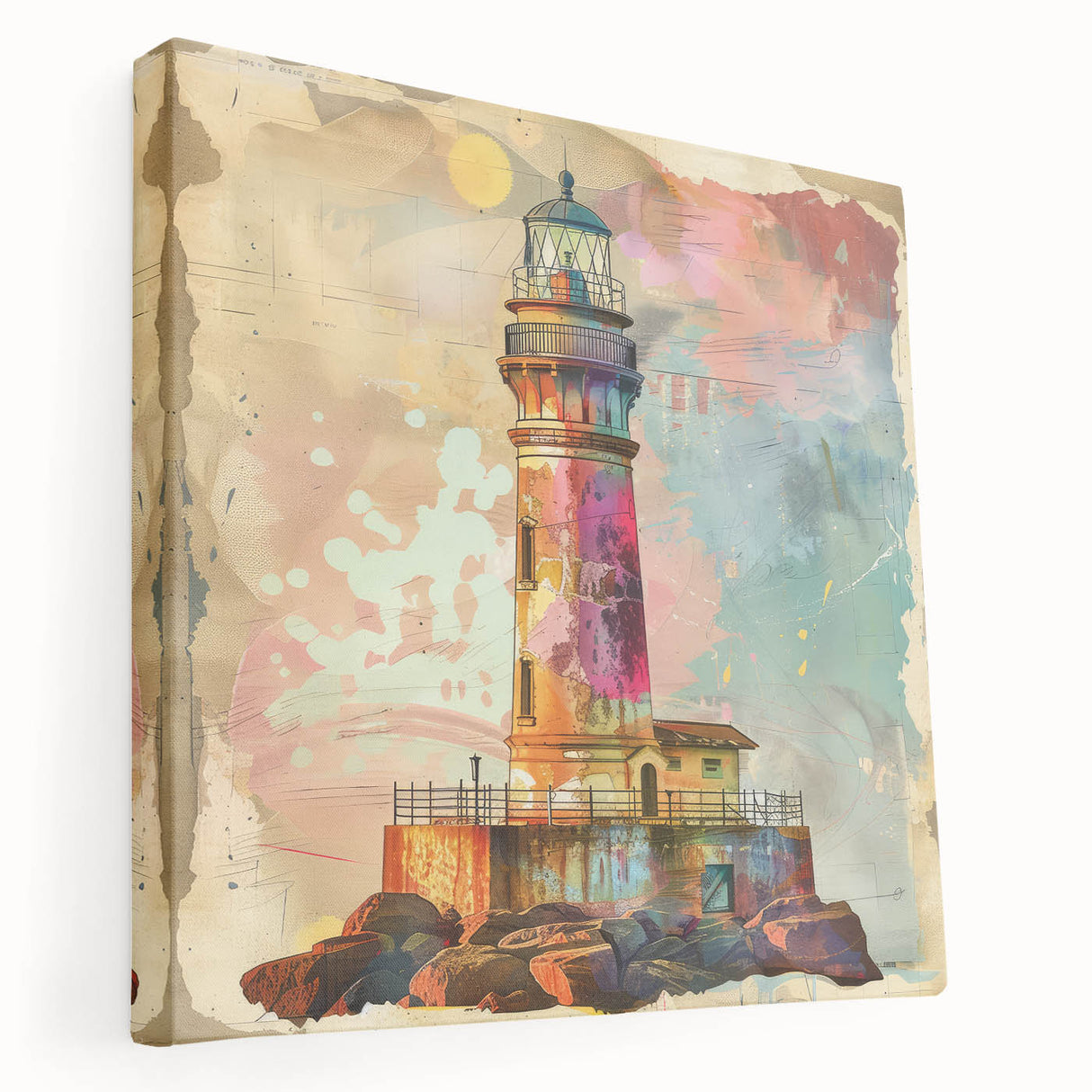 Stretched canvas wall art showcasing a serene lighthouse landscape scene with vibrant colors and intricate details, ideal for enhancing home decor.
