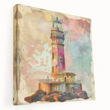 Stretched canvas wall art showcasing a serene lighthouse landscape scene with vibrant colors and intricate details, ideal for enhancing home decor.