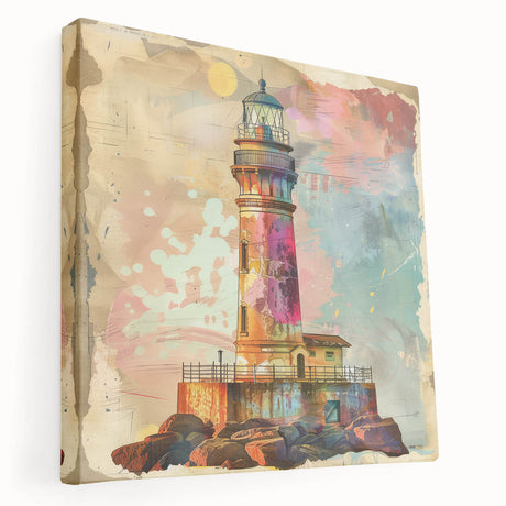 Stretched canvas wall art showcasing a serene lighthouse landscape scene with vibrant colors and intricate details, ideal for enhancing home decor.