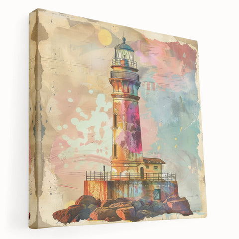 Stretched canvas wall art showcasing a serene lighthouse landscape scene with vibrant colors and intricate details, ideal for enhancing home decor.