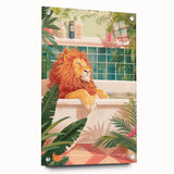 Bathroom Canvas Art - Relaxing Lion in Tropical Bathtub Scene