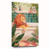 Bathroom Canvas Art - Relaxing Lion in Tropical Bathtub Scene