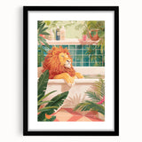 Bathroom Canvas Art - Relaxing Lion in Tropical Bathtub Scene