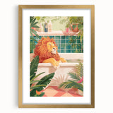 Bathroom Canvas Art - Relaxing Lion in Tropical Bathtub Scene