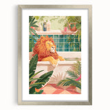 Bathroom Canvas Art - Relaxing Lion in Tropical Bathtub Scene