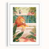 Bathroom Canvas Art - Relaxing Lion in Tropical Bathtub Scene