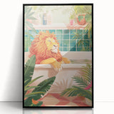 Bathroom Canvas Art - Relaxing Lion in Tropical Bathtub Scene