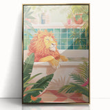 Bathroom Canvas Art - Relaxing Lion in Tropical Bathtub Scene