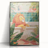 Bathroom Canvas Art - Relaxing Lion in Tropical Bathtub Scene