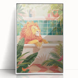 Bathroom Canvas Art - Relaxing Lion in Tropical Bathtub Scene