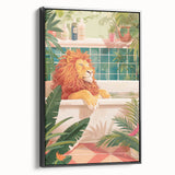 Bathroom Canvas Art - Relaxing Lion in Tropical Bathtub Scene