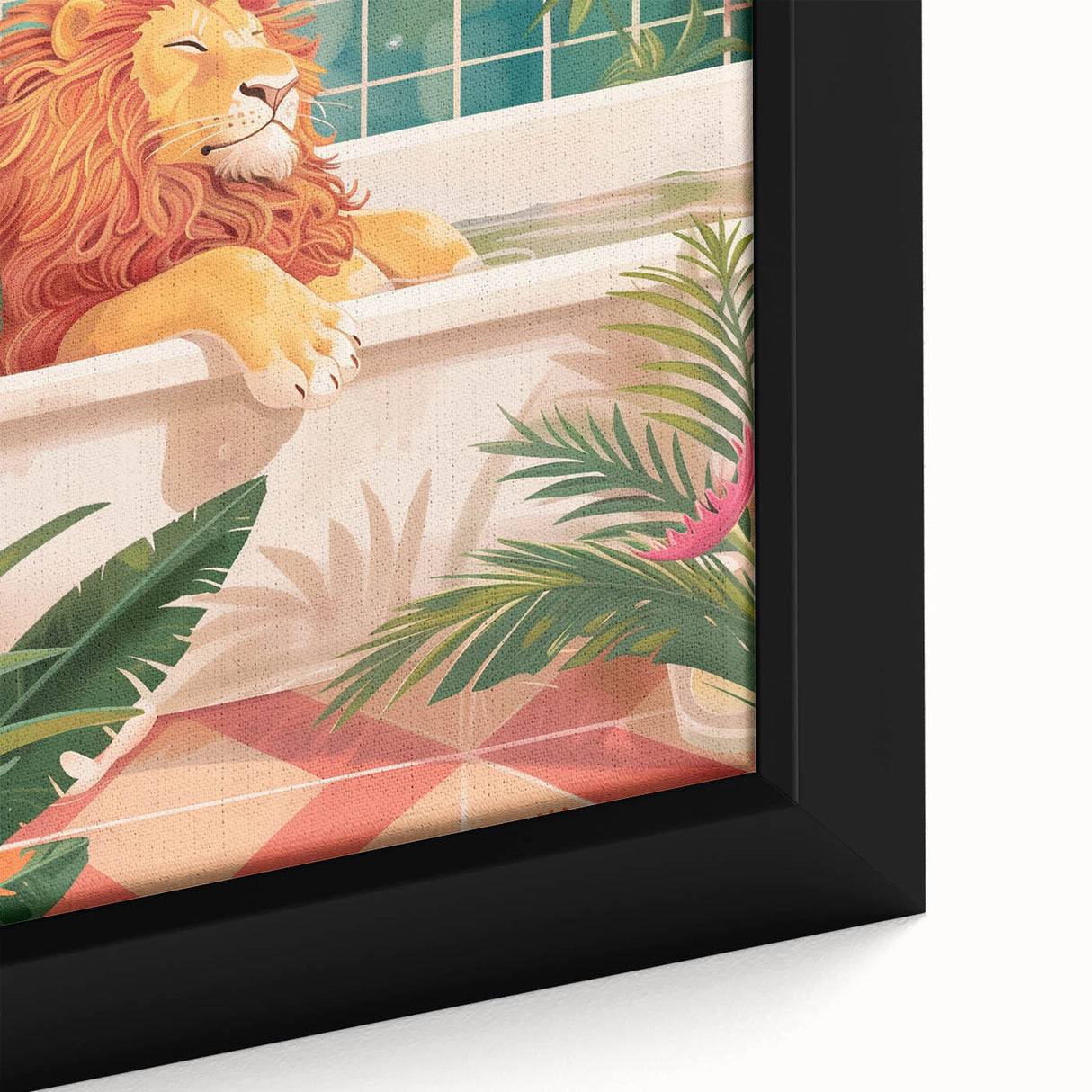 Bathroom Canvas Art - Relaxing Lion in Tropical Bathtub Scene