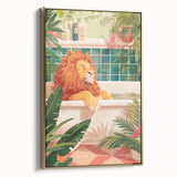 Bathroom Canvas Art - Relaxing Lion in Tropical Bathtub Scene