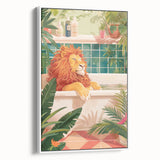 Bathroom Canvas Art - Relaxing Lion in Tropical Bathtub Scene