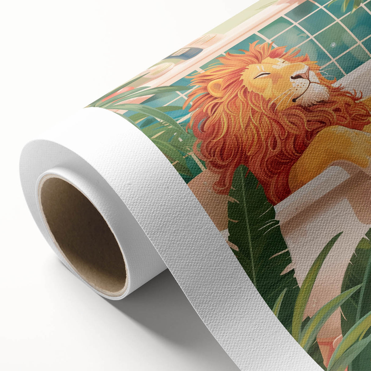 Bathroom Canvas Art - Relaxing Lion in Tropical Bathtub Scene