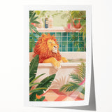 Bathroom Canvas Art - Relaxing Lion in Tropical Bathtub Scene