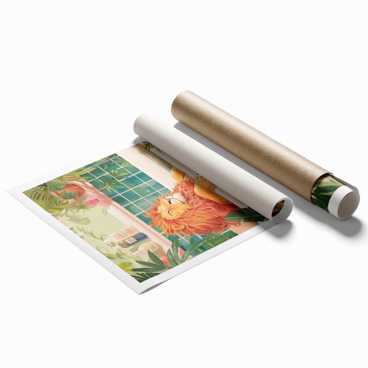 Bathroom Canvas Art - Relaxing Lion in Tropical Bathtub Scene
