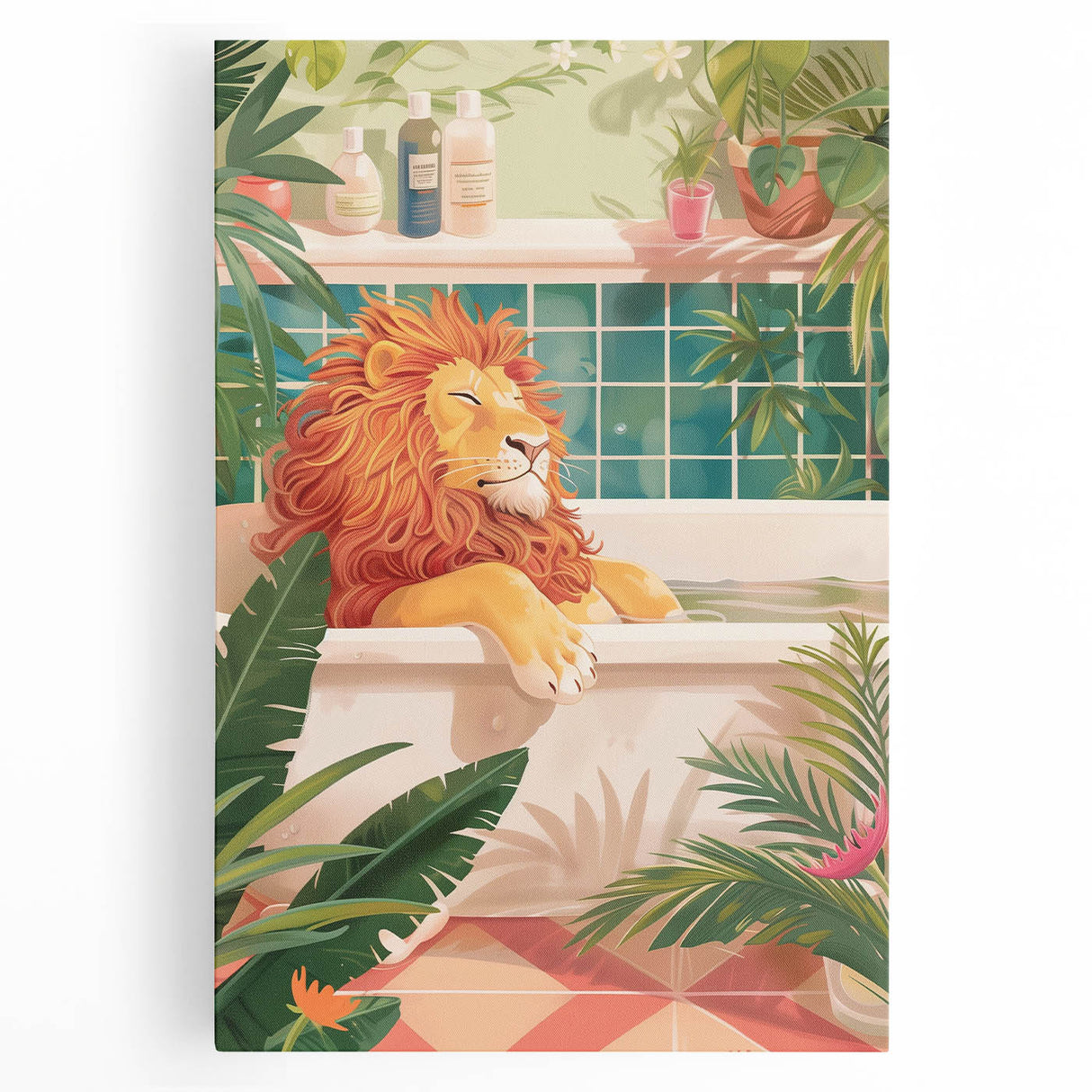 Bathroom Canvas Art - Relaxing Lion in Tropical Bathtub Scene