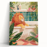 Bathroom Canvas Art - Relaxing Lion in Tropical Bathtub Scene