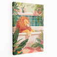 Bathroom Canvas Art - Relaxing Lion in Tropical Bathtub Scene