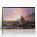 Large art print of a mid-century modernist Indian scenery in gold tones on framed acrylic.