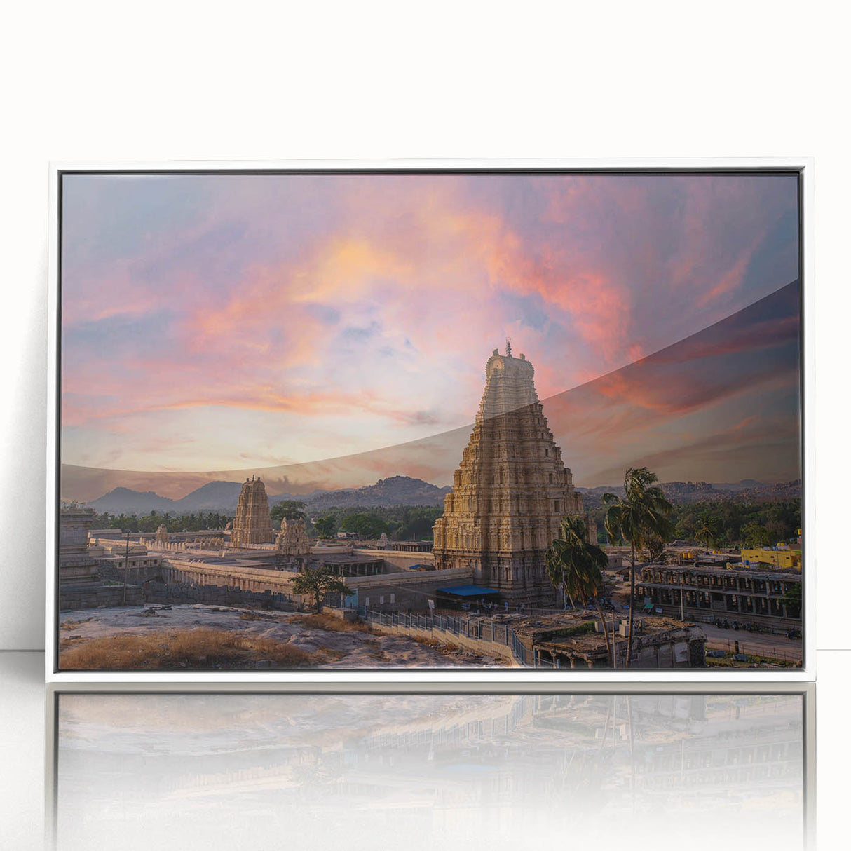 Acrylic print of a serene Indian landscape in muted earth tones, framed in white, suitable as modern art wall decor.
