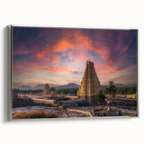Framed canvas featuring a vintage-style landscape painting of an Indian scenery in colorful art tones.
