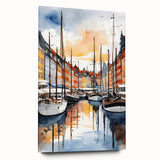 Large abstract wall art of a European scenery in muted blue and green tones on acrylic glass.